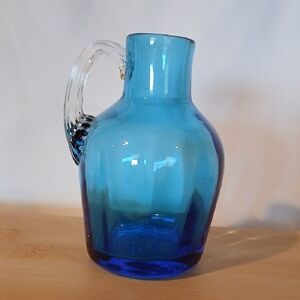 Blue Optic Swirl Hand Blown Small Glass Mini Jug with Clear Applied Handle